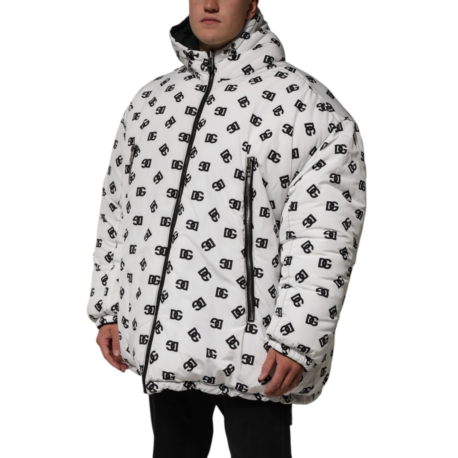 Dolce & Gabbana White DG Monogram Hooded Puffer Jacket