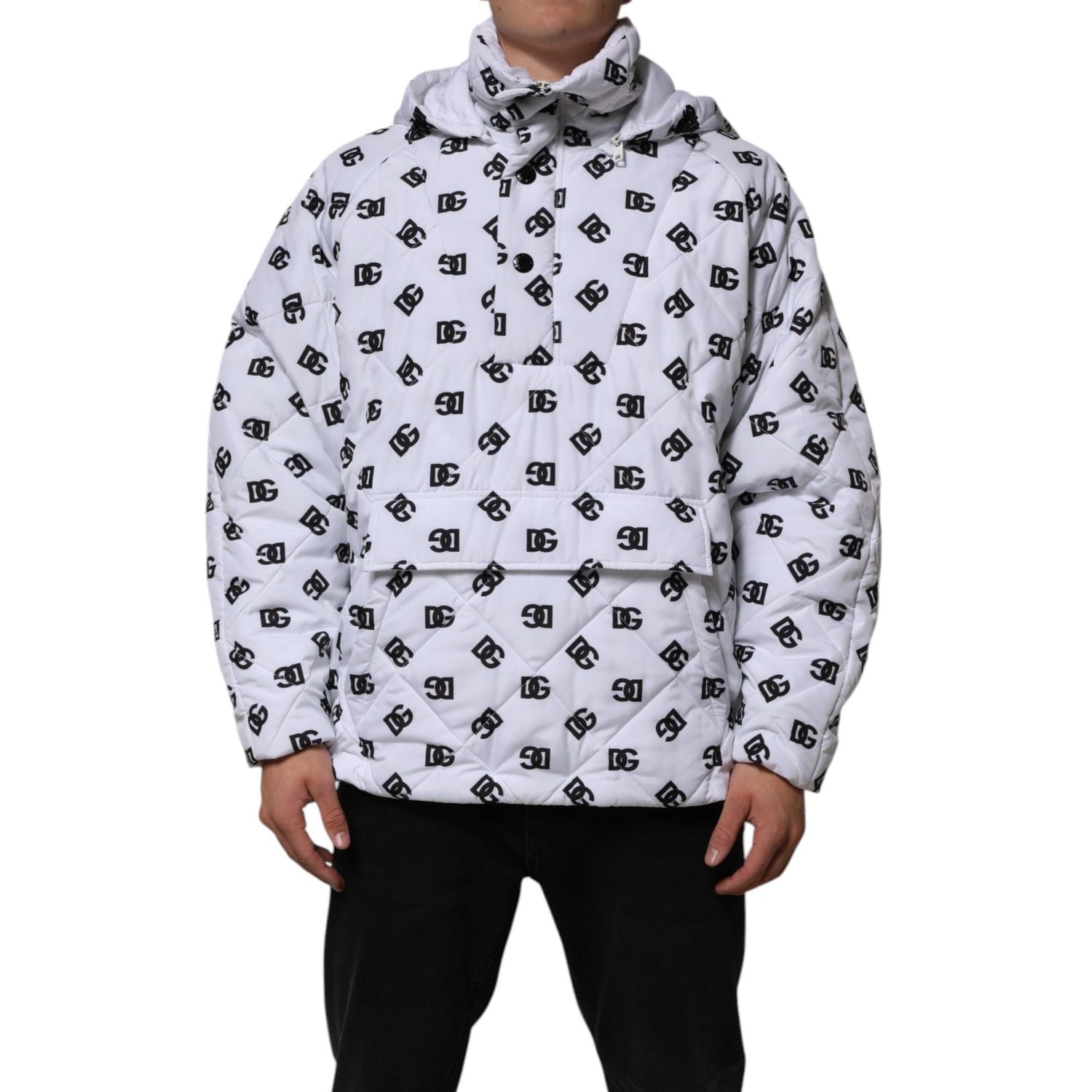 Dolce & Gabbana White DG Monogram Hooded Quilted Jacket