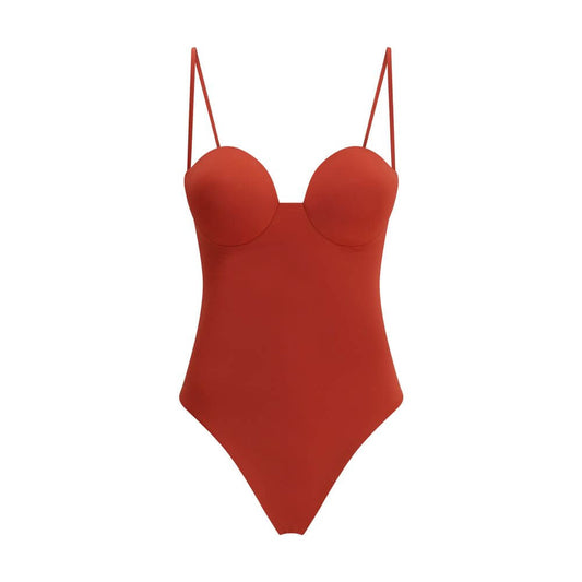 Magda Butrym Orange Polyamide One-Piece Swimsuit in bright red with retro bustier silhouette, part of the brand’s AW25 swimwear collection.