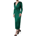 Dolce & Gabbana Dark Green Viscose Long Sleeve Midi Dress with twist detail and zipper back. Elegant satin fabric, made in Italy.