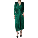 Dolce & Gabbana Dark Green Viscose Long Sleeve Midi Dress with twist detail, hidden zipper, and sleek satin fabric, model wearing.