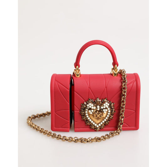 Dolce & Gabbana Red Silicone Devotion Heart Cover Bag Women Airpods Case with chain and heart detail.
