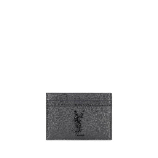 Saint Laurent Gray Calf Leather Bos Taurus Wallet, black card holder, embossed logo, AW25, Italian-made, luxury calfskin accessory