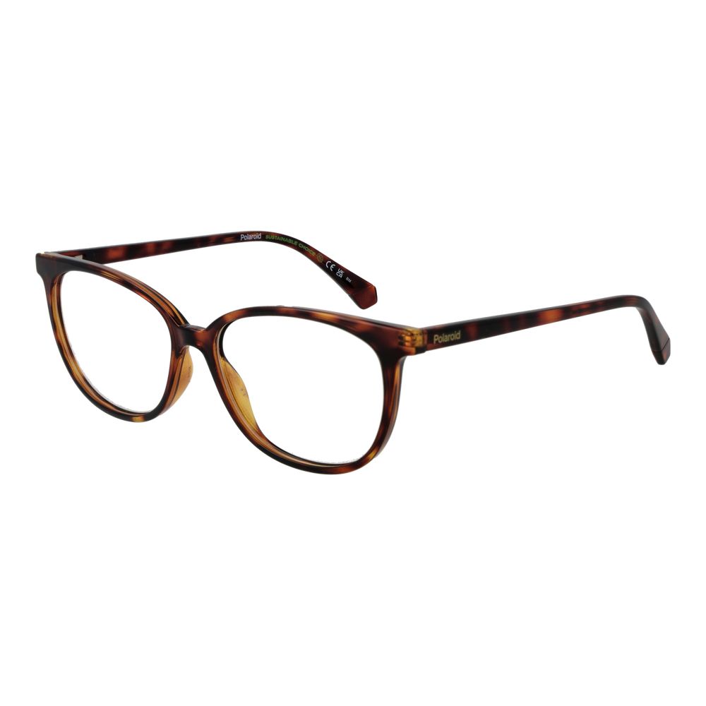 Polaroid Brown Women Glasses Frame with full-rim rectangle design, polyamide material, and demo lenses.