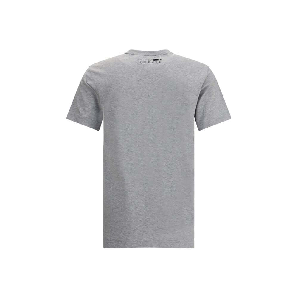 Back view of Comme Des Garçons Gray Cotton T-Shirt with logo print, crew neck, and short sleeves, made from 100% cotton in Turkey.