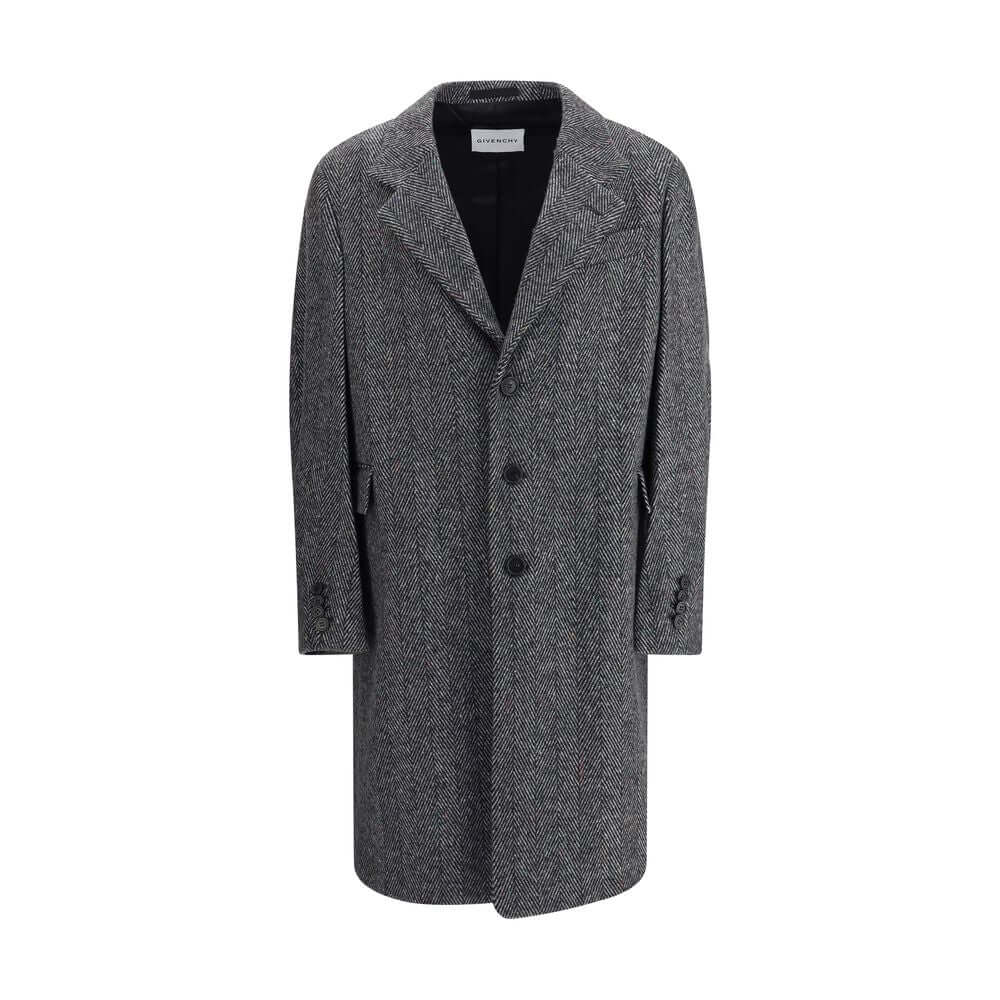 Givenchy Gray Wool Coat with herringbone pattern, wide lapel, below-the-knee length, three welt pockets, AW25 collection.
