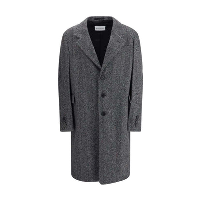 Givenchy Gray Wool Coat with herringbone pattern, wide lapel, below-the-knee length, three welt pockets, AW25 collection.