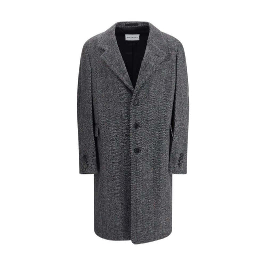 Givenchy Gray Wool Coat with herringbone pattern, wide lapel, below-the-knee length, three welt pockets, AW25 collection.