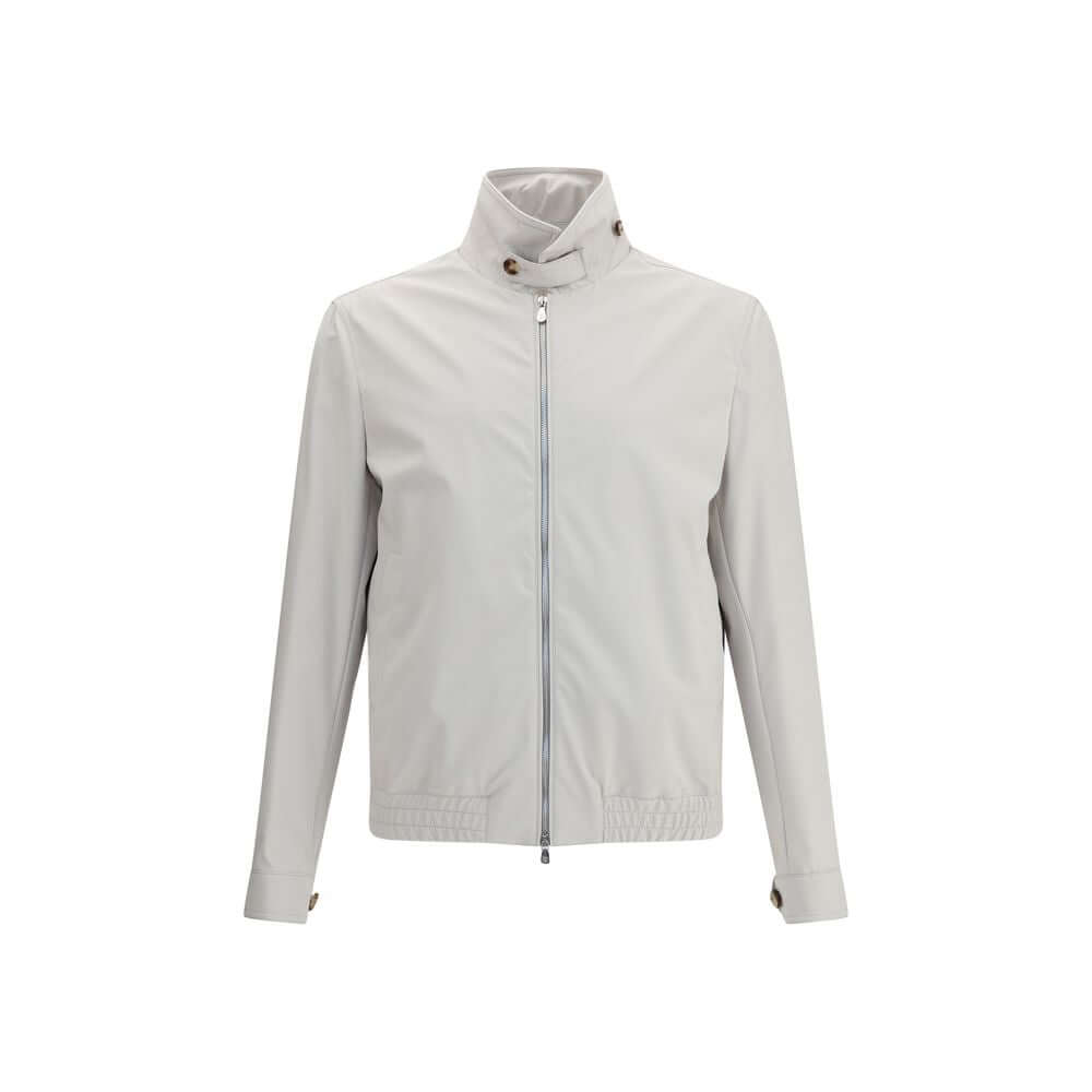 Brunello Cucinelli Gray Polyamide Shell Jacket with structured collar, zipper closure, and adjustable cuffs for sporty elegance and functionality.