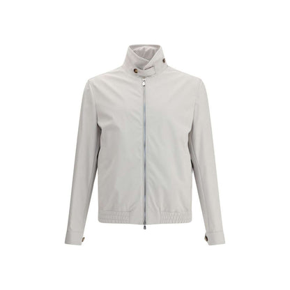 Brunello Cucinelli Gray Polyamide Shell Jacket with structured collar, zipper closure, and adjustable cuffs for sporty elegance and functionality.