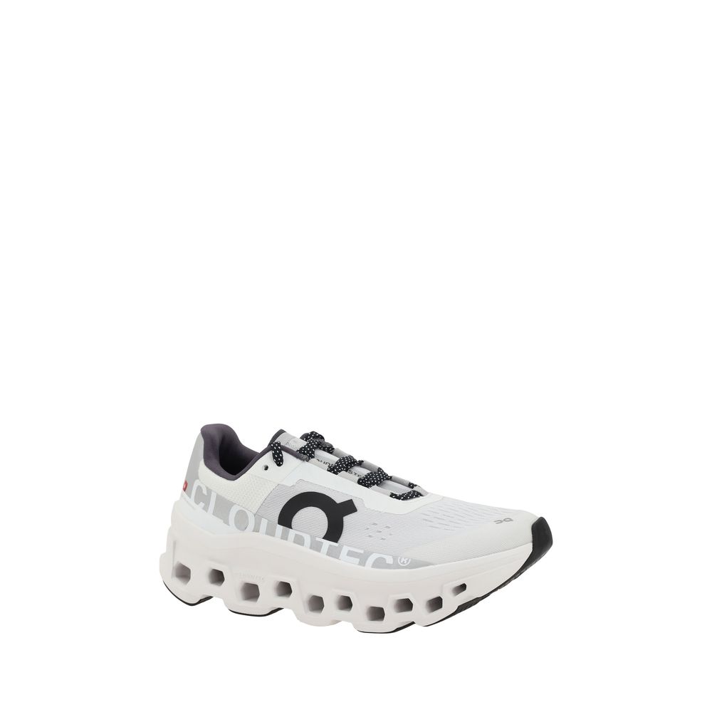 ON White Polyester Athletic Sneakers with technical design, featuring lace-up closure, logo, and cushioned reinforced sole with perforated texture.