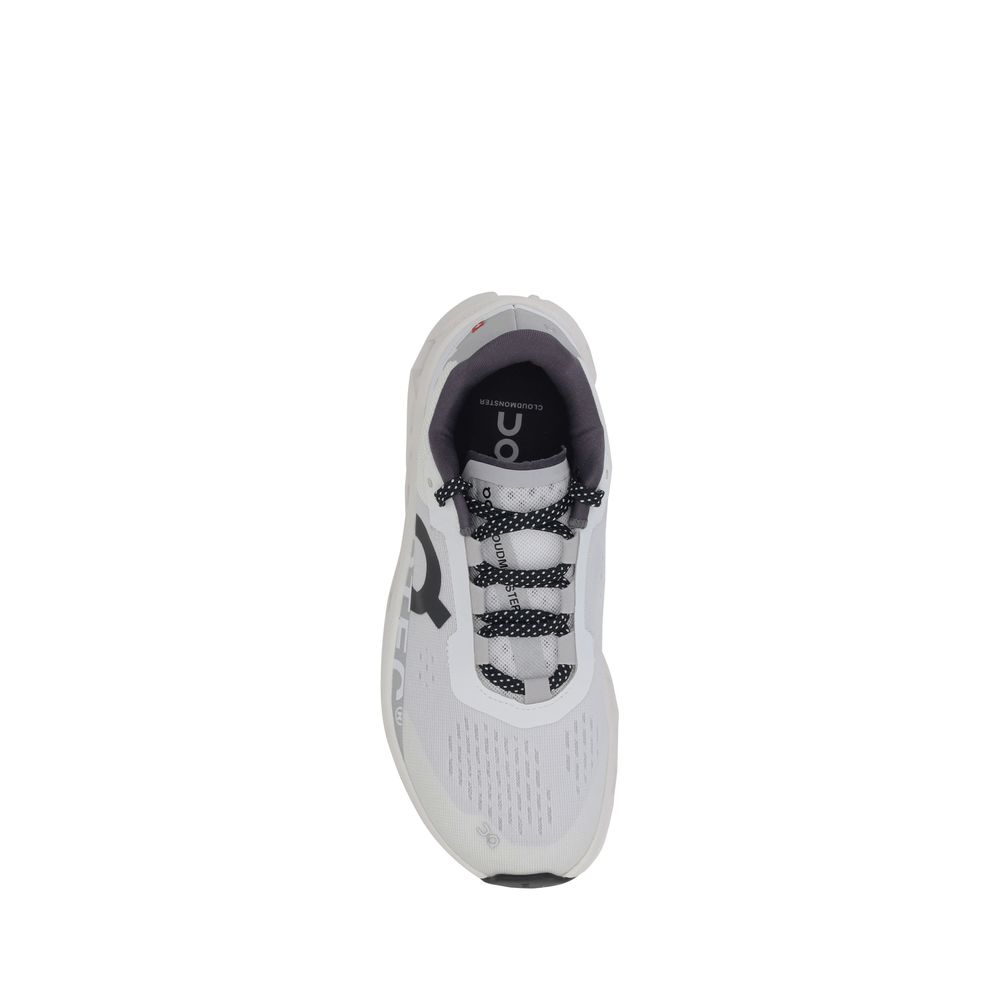 ON White Polyester Athletic Sneakers with lace-up closure and logo on tongue, featuring perforated sole for support and modern design.