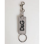Dolce & Gabbana Gray Leather Logo Metal Ring Keychain Holder Men Keyring with engraved silver hardware and D&G logo