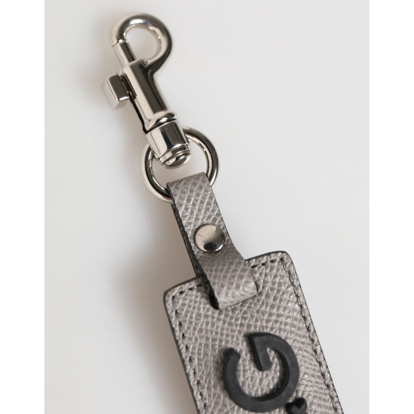 Dolce & Gabbana Gray Leather Logo Metal Ring Keychain Holder Men Keyring featuring premium calf leather and silver metal detailing.