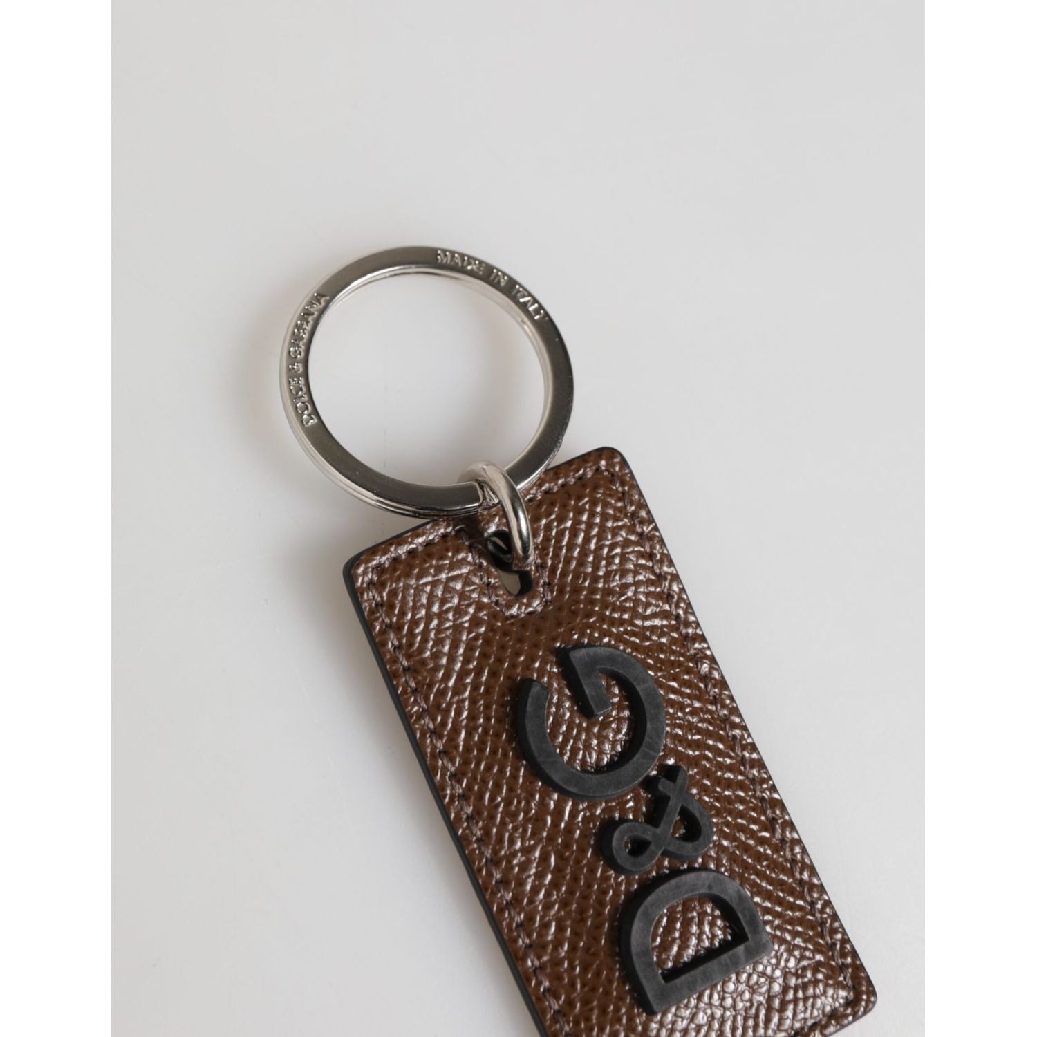 Dolce & Gabbana Dark Brown Leather Logo Metal Ring Keychain Holder Keyring