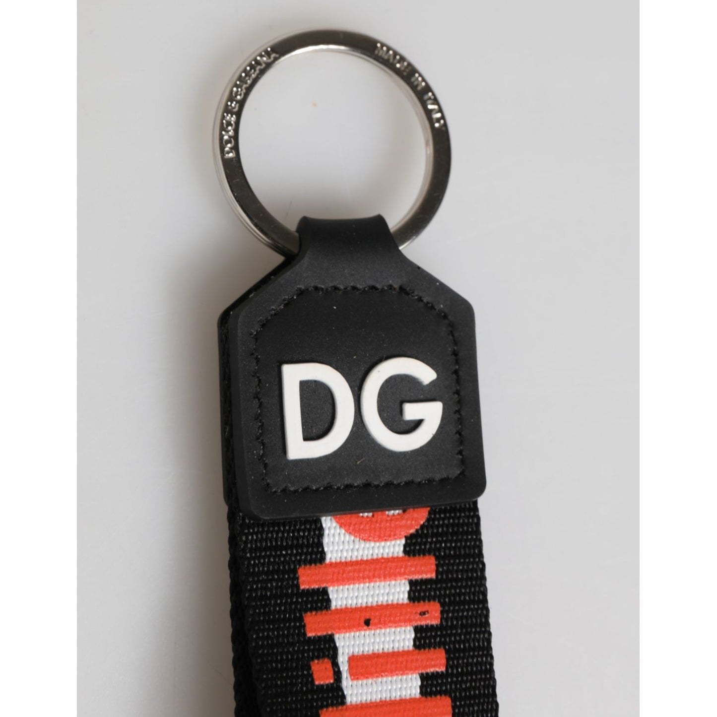 Dolce & Gabbana Black Red Logo Polyester Brass Holder Keychain Keyring