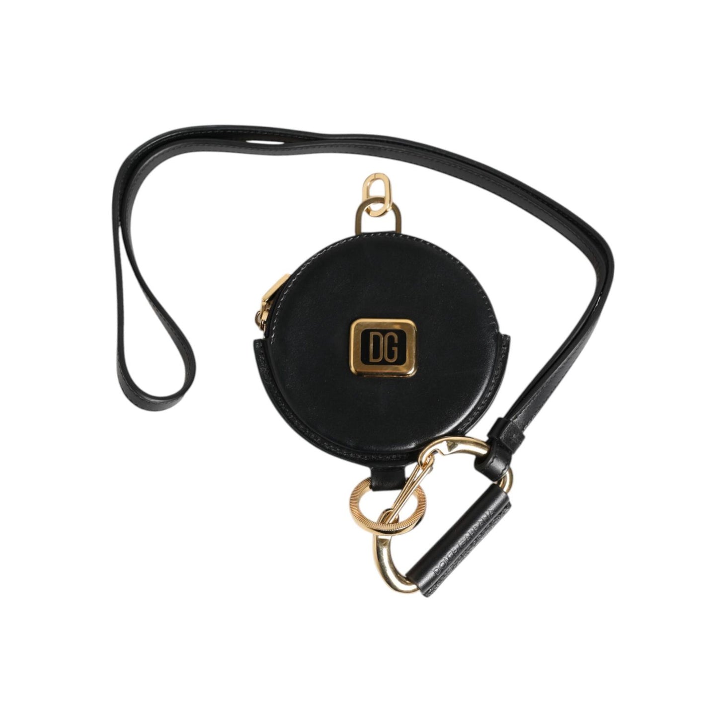 Dolce & Gabbana Black Round Leather DG Logo Coin Purse Lanyard Wallet, black leather round design with gold logo and lanyard.