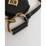 Dolce & Gabbana Black Round Leather DG Logo Coin Purse Lanyard Wallet with gold and black leather details, close-up view.