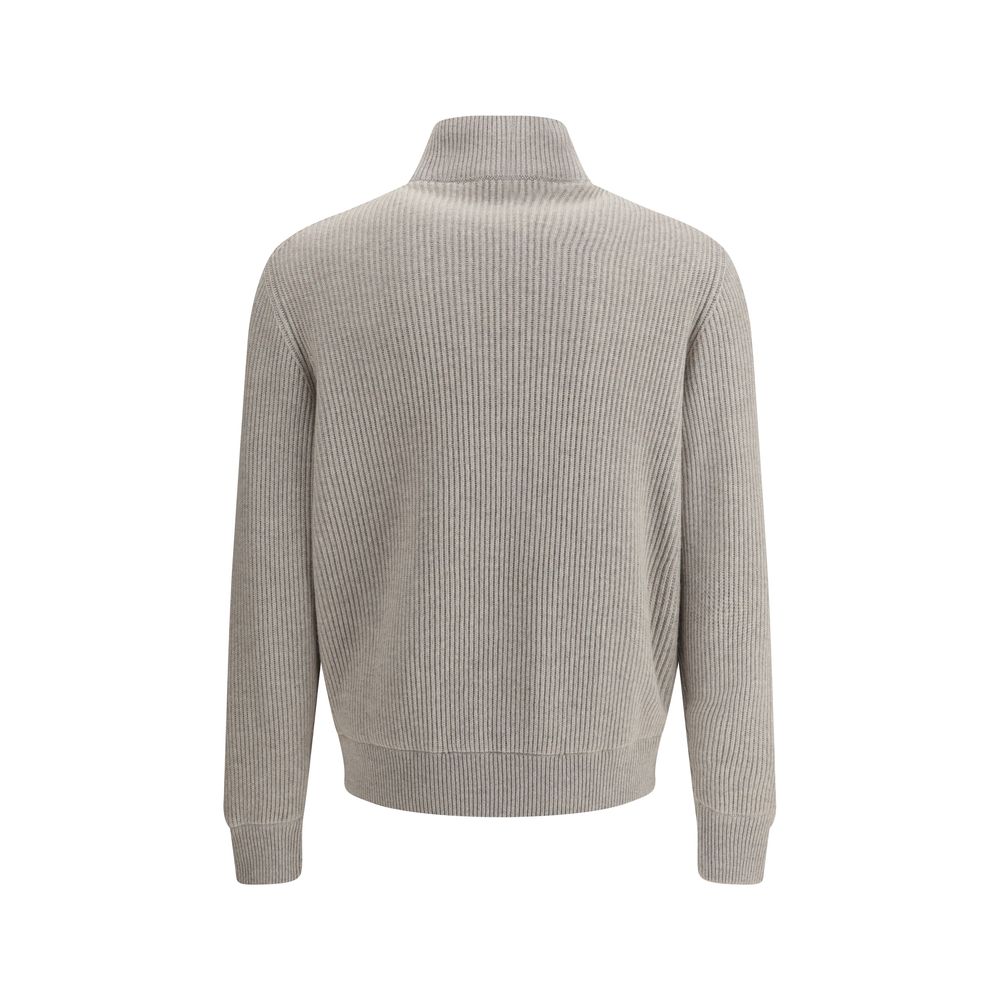 Rear view of Brunello Cucinelli Gray Leather Jacket with knit sleeves and ribbed design, showcasing modern elegance and comfort.