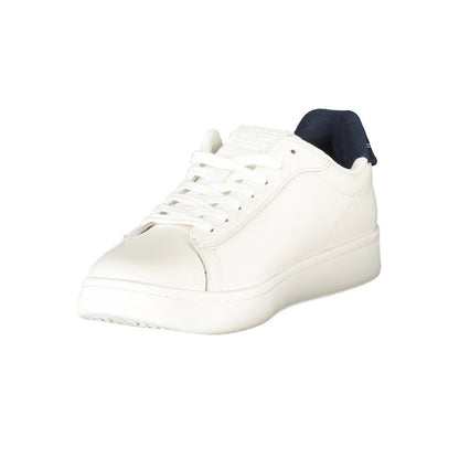 Tommy Hilfiger White Leather Men Sneaker with blue accents, featuring removable footbed and iconic logo, perfect for casual attire.