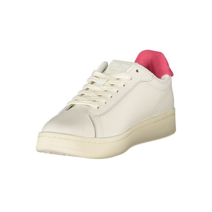 Tommy Hilfiger White Leather Women Sneaker with pink interior, lace-up front, and removable footbed for comfort and iconic logo detailing.
