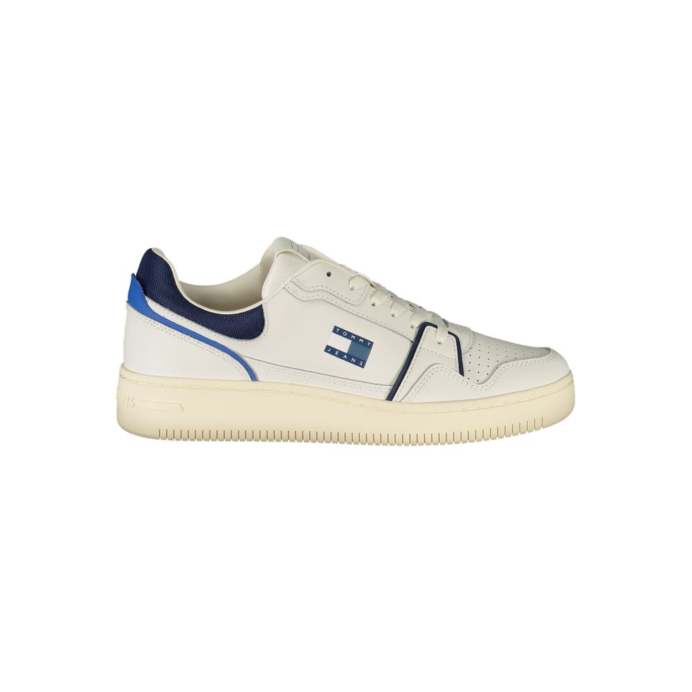 Tommy Hilfiger White Leather Men Sneaker with blue accents and iconic logo, showcasing stylish comfort and sporty sophistication.