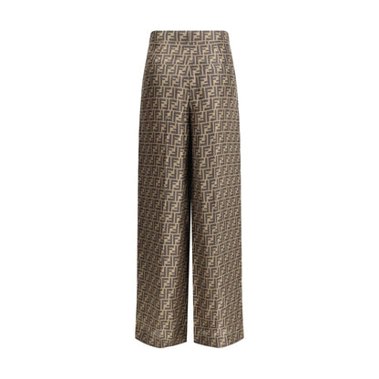 Fendi Brown Silk Casual Pants with monogram pattern, high waist, palazzo cut, button and zipper closure, America pockets, straight hem.