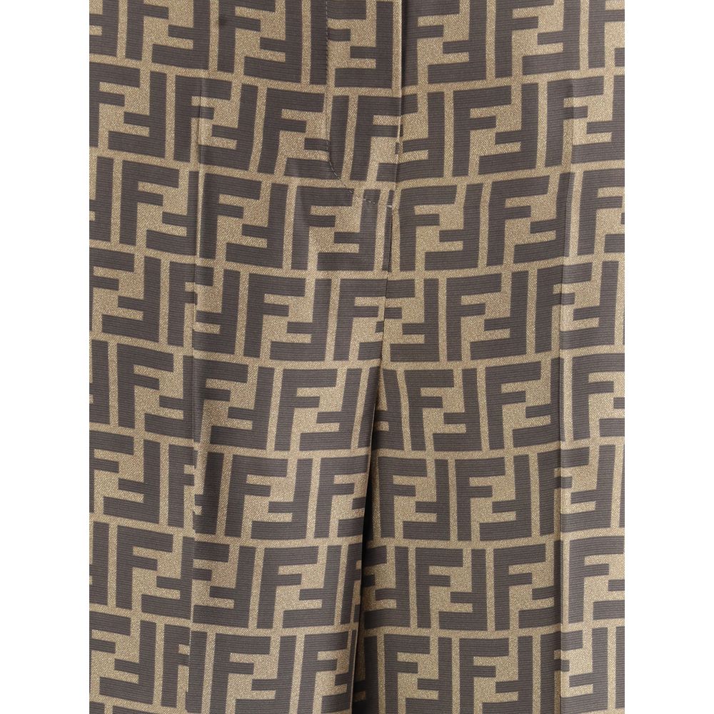 Fendi Brown Silk Casual Pants with FF monogram pattern, high waist palazzo cut, button zipper closure, and straight hem for elegance.