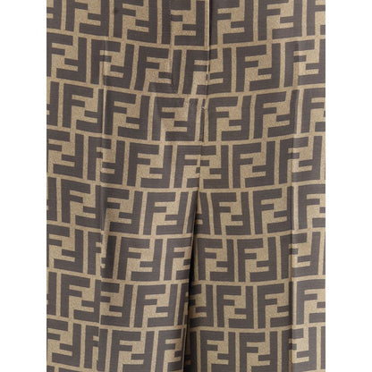 Fendi Brown Silk Casual Pants with FF monogram pattern, high waist palazzo cut, button zipper closure, and straight hem for elegance.