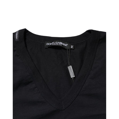 Dolce & Gabbana Black Cotton Plain V-Neck Men Shirt T-shirt