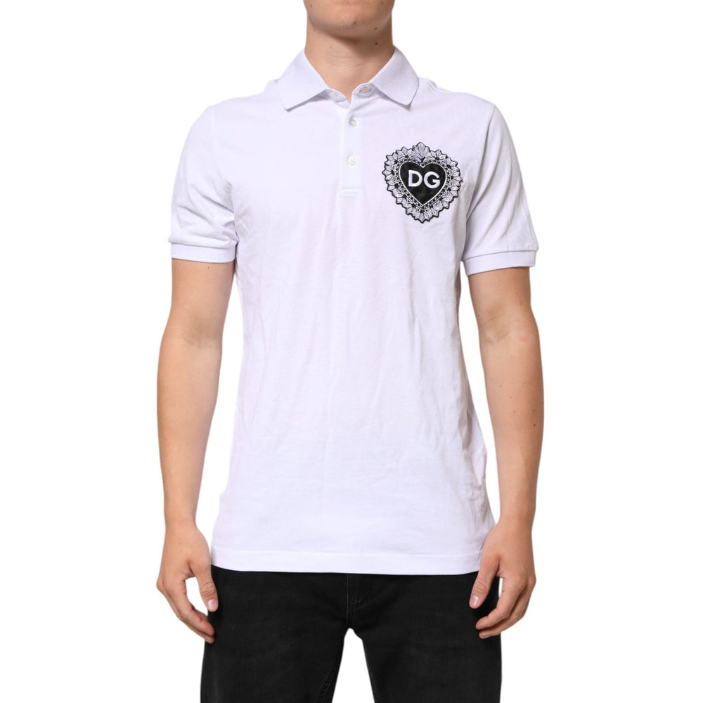 Dolce & Gabbana White Cotton DG Heart Logo Embroider T-shirt with black logo on chest, classic polo collar, and slim fit design.