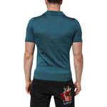 Back view of a man wearing a Dolce & Gabbana Teal Blue Silk Collar Short Sleeve Polo T-shirt, showcasing fine knit and logo detailing.