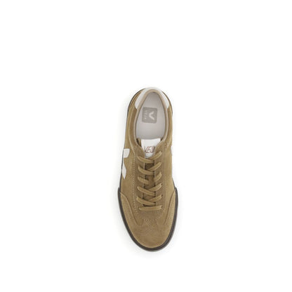 Veja Brown Leather Sneakers, top view, showcasing 1970s-inspired design with "V" logo, lace-up closure, and rounded toe. Sustainable fashion.