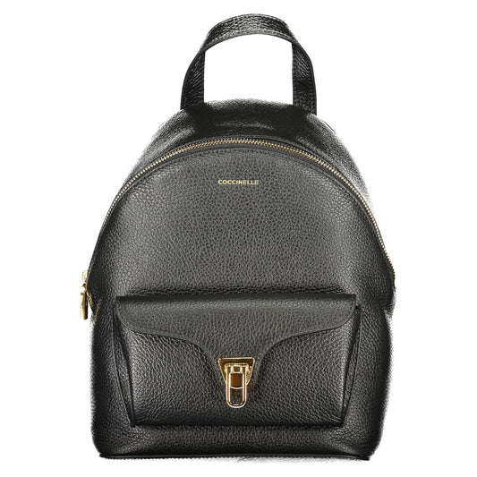 Coccinelle Black Leather Women Backpack with twist closure and zip compartment, showcasing stylish and functional design.