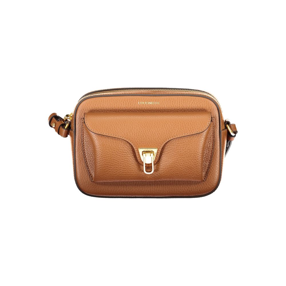 Coccinelle Brown Leather Women Handbag with adjustable strap and external twist closure pocket, showcasing Italian elegance and functionality.