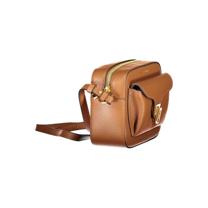 Coccinelle Brown Leather Women Handbag showing side view with adjustable strap and secure external pocket.