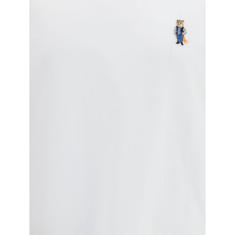 Maison Kitsuné White Cotton T-Shirt with embroidered Standing Fox patch and ribbed crew neck, perfect for casual wear.