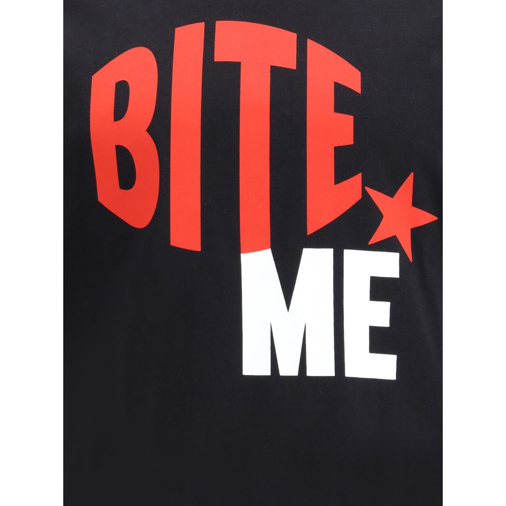Dsquared² Black Cotton T-Shirt with "BITE ME" maxi print design on front, ribbed crew neck, and contrasting monogram on back.