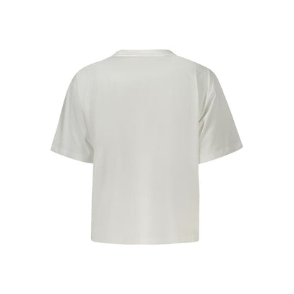 Back view of Guess Jeans White Cotton Women T-Shirt, featuring a boxy silhouette and crew neck design made from organic cotton.