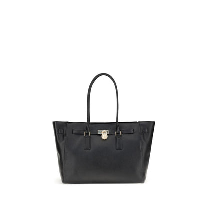 Michael Kors Black Calf Leather Bos Taurus Shoulder Bag with decorative belt and padlock pendant.