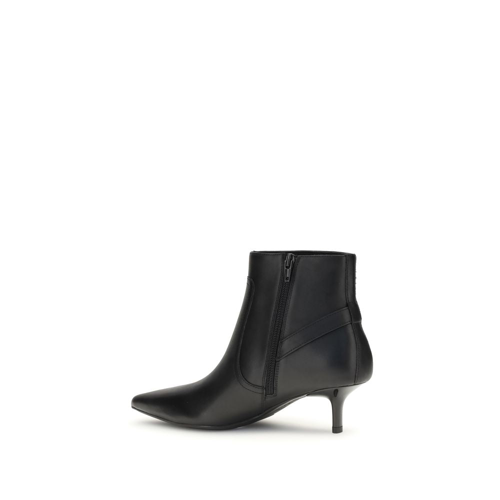 PINKO Black Calf Leather Bos Taurus Ankle Boots with almond toe, side zipper, and logo buckle. Kitten heel adds elegance. AW25.