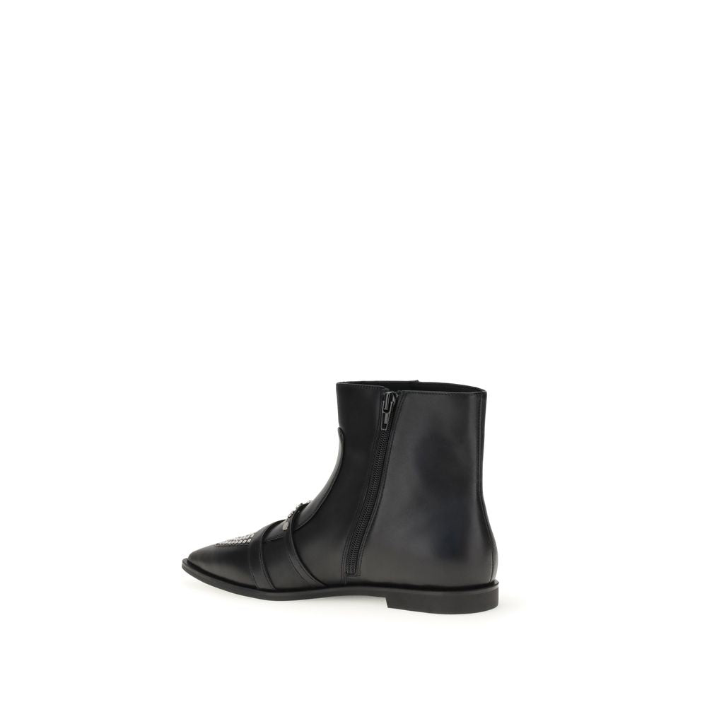 PINKO Black Calf Leather Bos Taurus Ankle Boots with studs viewed from the side showcasing almond toe and zipper detail.