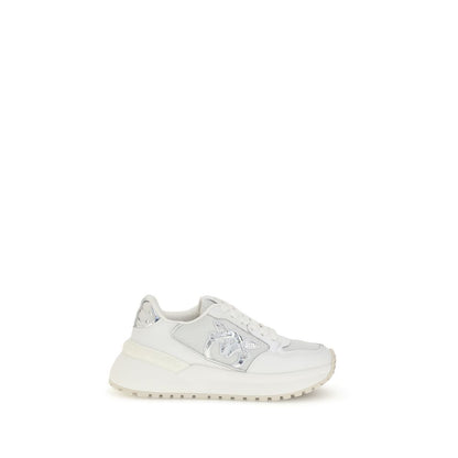 PINKO White Calf Leather Bos Taurus Chunky Sneakers with Love Birds logo and mirrored detail, AW25, on white background.