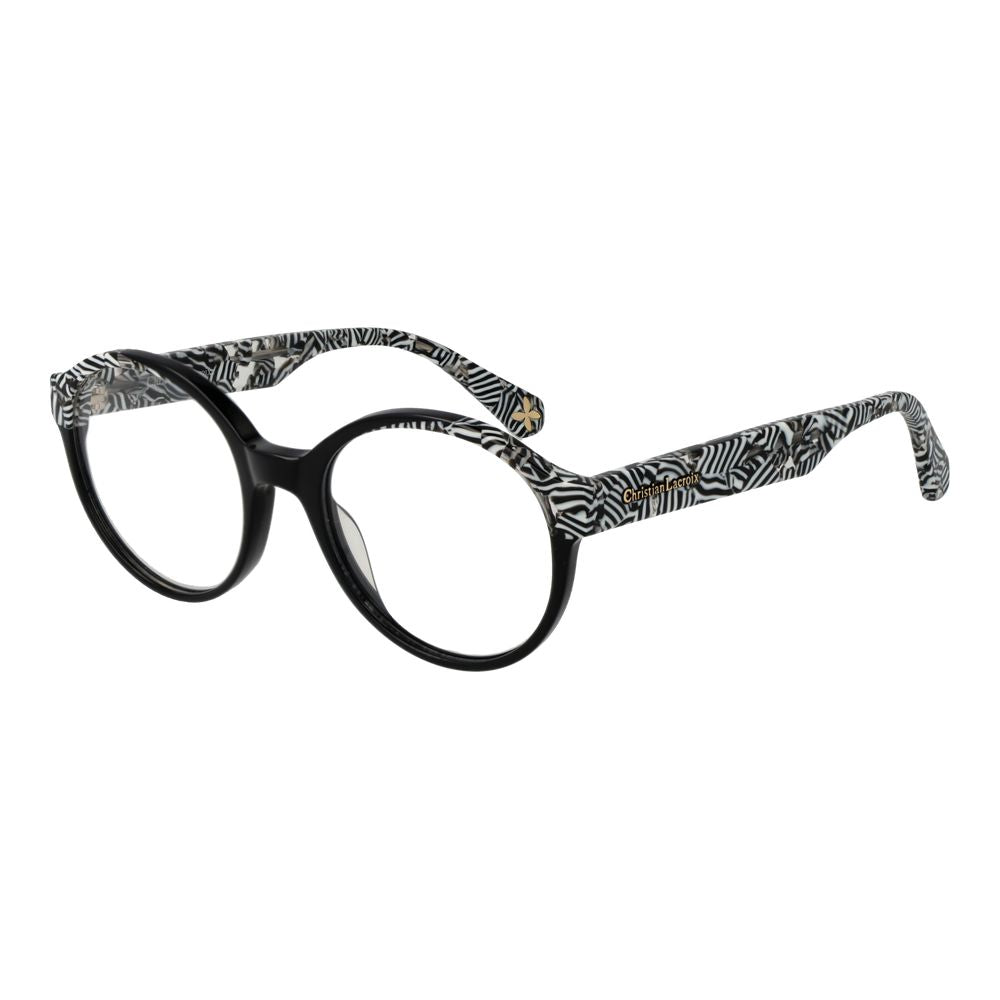 Christian Lacroix Black Women Glasses Frame, acetate full-rim round shape with demo lenses. Black and patterned design.
