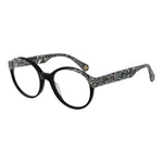 Christian Lacroix Black Women Glasses Frame, acetate full-rim round shape with demo lenses. Black and patterned design.