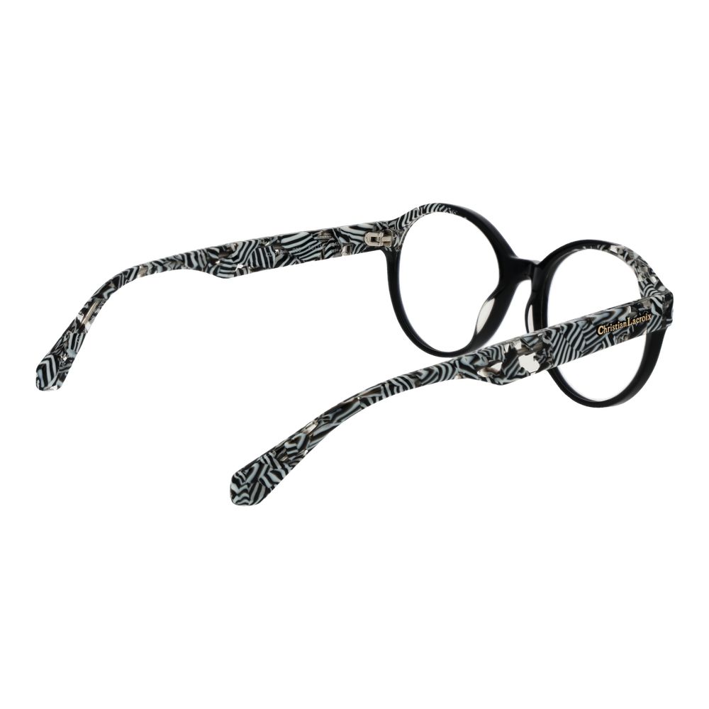 Christian Lacroix Black Women Glasses Frame, round acetate full-rim with demo lenses, stylish eyewear with pattern temples, 50mm width.