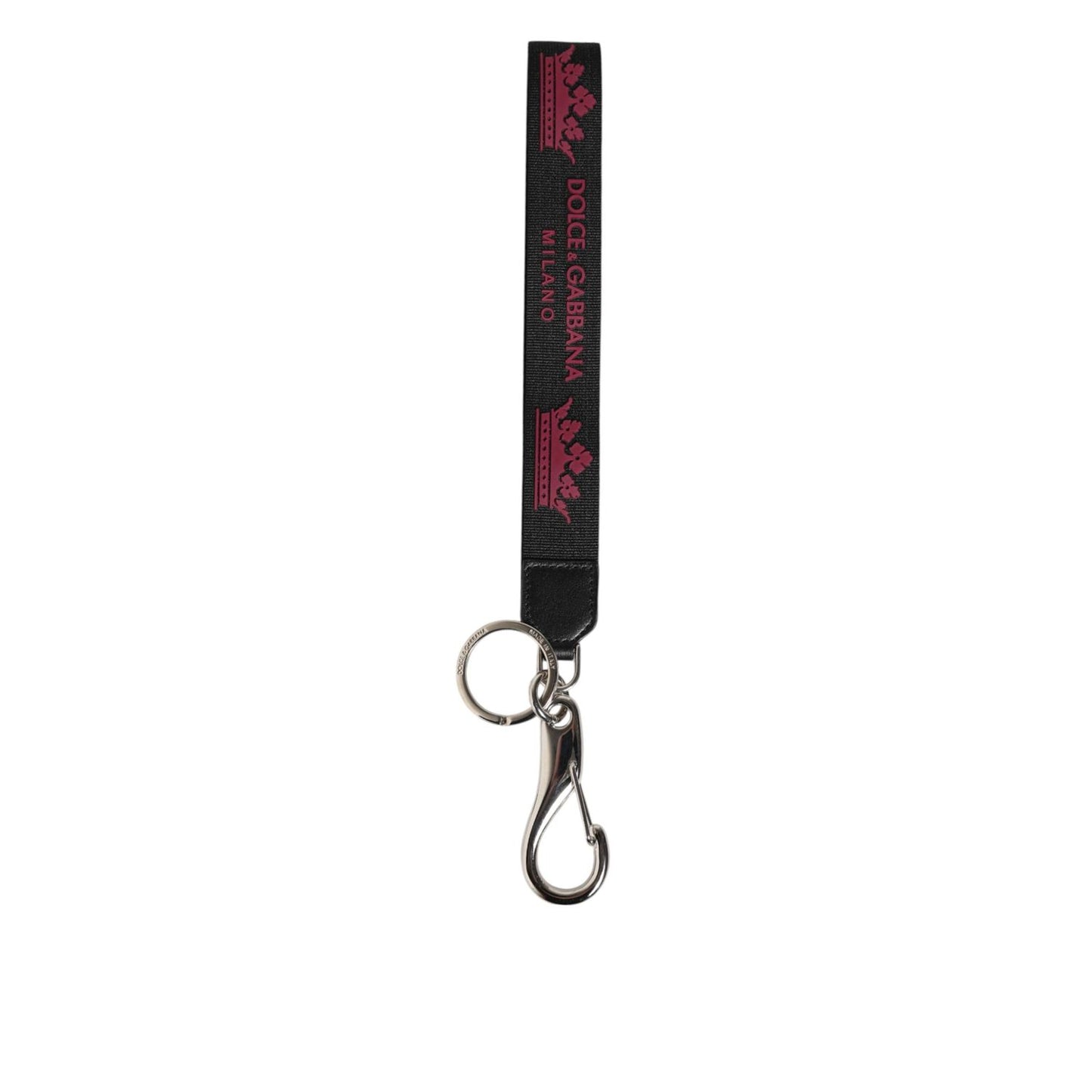 Dolce & Gabbana Black Burgundy Nylon DG Logo Crown Holder Keychain Keyring with silver-tone hardware