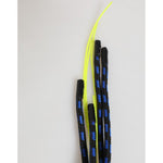 Black and blue braided cords with neon yellow tips against a plain background