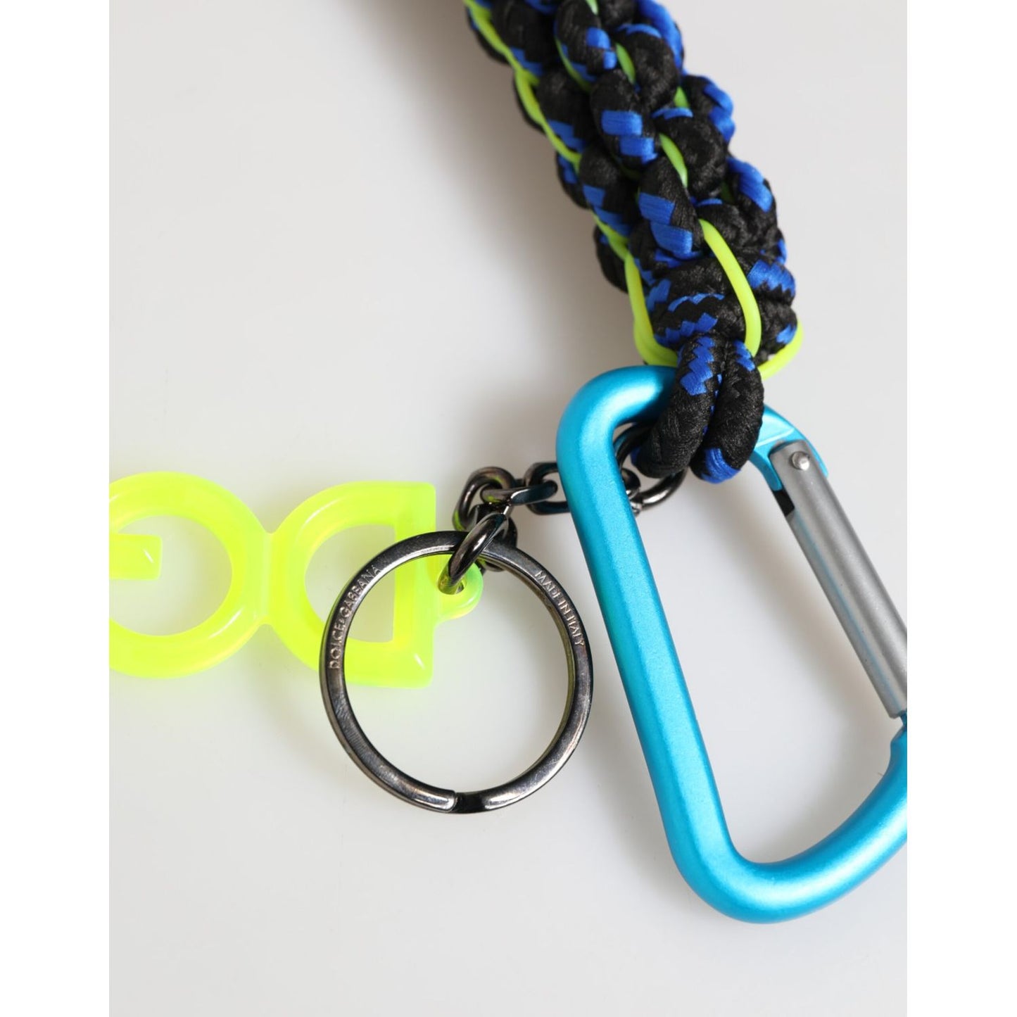 Dolce & Gabbana Multicolor Polyester Tape String DG Logo Keychain Keyring with blue carabiner and neon accents