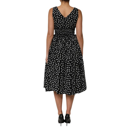 Dolce & Gabbana Black White Cotton Polka Dot Print V Neck Dress